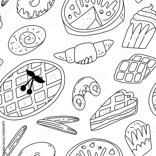Bakery doodle desserts seamless pattern. Traditional American, French, Spanish sweet pastry on isolated background