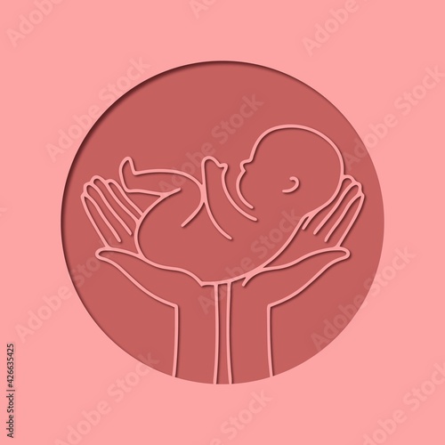 Paper cut style. Logotype with newborn and caring hands. Baby in the womb. Stylish logo for a prenatal or reproductive clinic, pregnancy brochure, surrogacy agency. Round frame, elegant line icon.