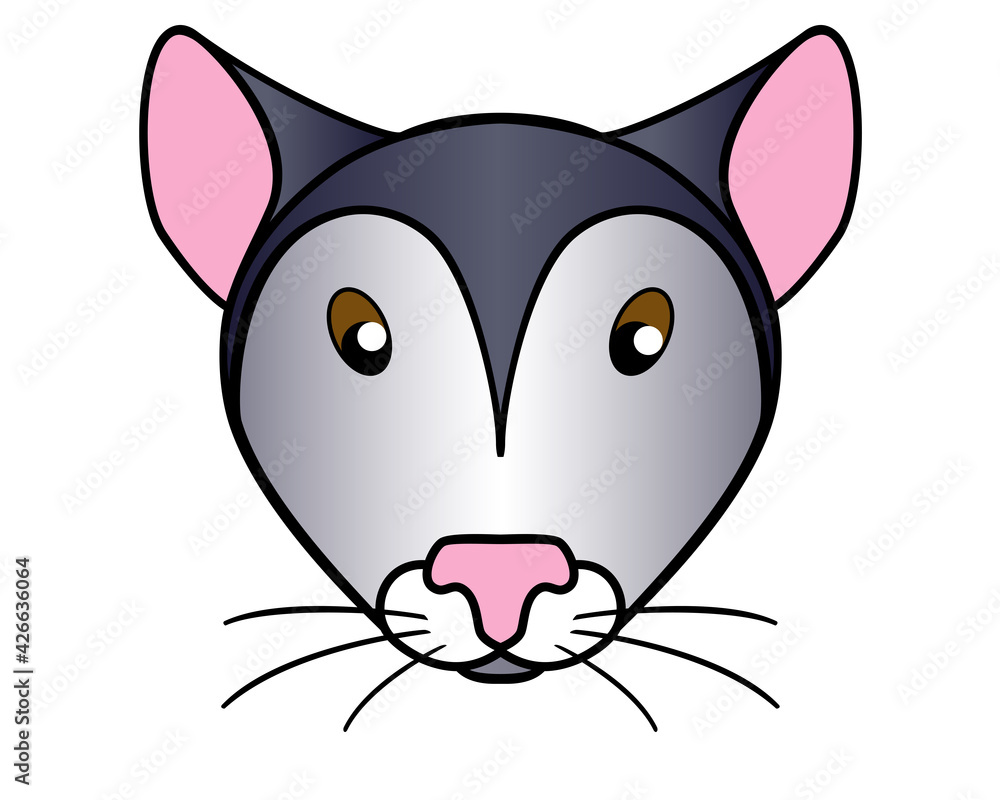 Obraz premium Mouse. Cute muzzle of a mouse or rat - vector full-color picture for children's books and goods. The throat of a gray mouse is a cartoon picture.