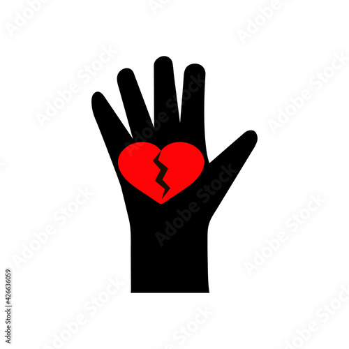 Hand holds a broken red heart. Conceptual vector clipart and drawing. Isolated illustrations on white background. 