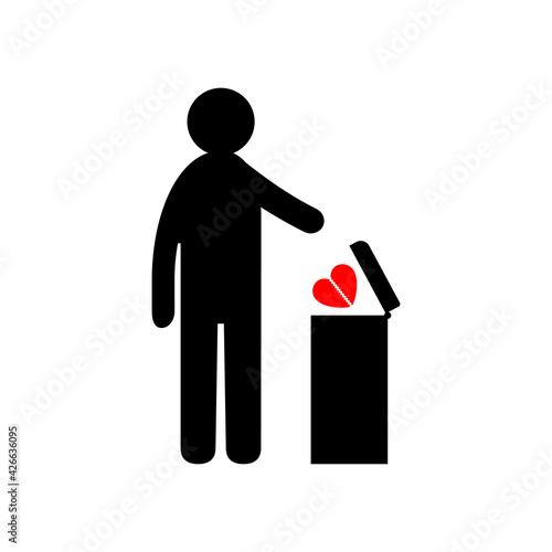 Man throws broken heart into trash can. Conceptual vector clipart and drawing. Isolated illustration on white background.  