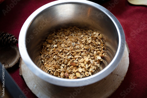  Homemade granola with milk for breakfast top view