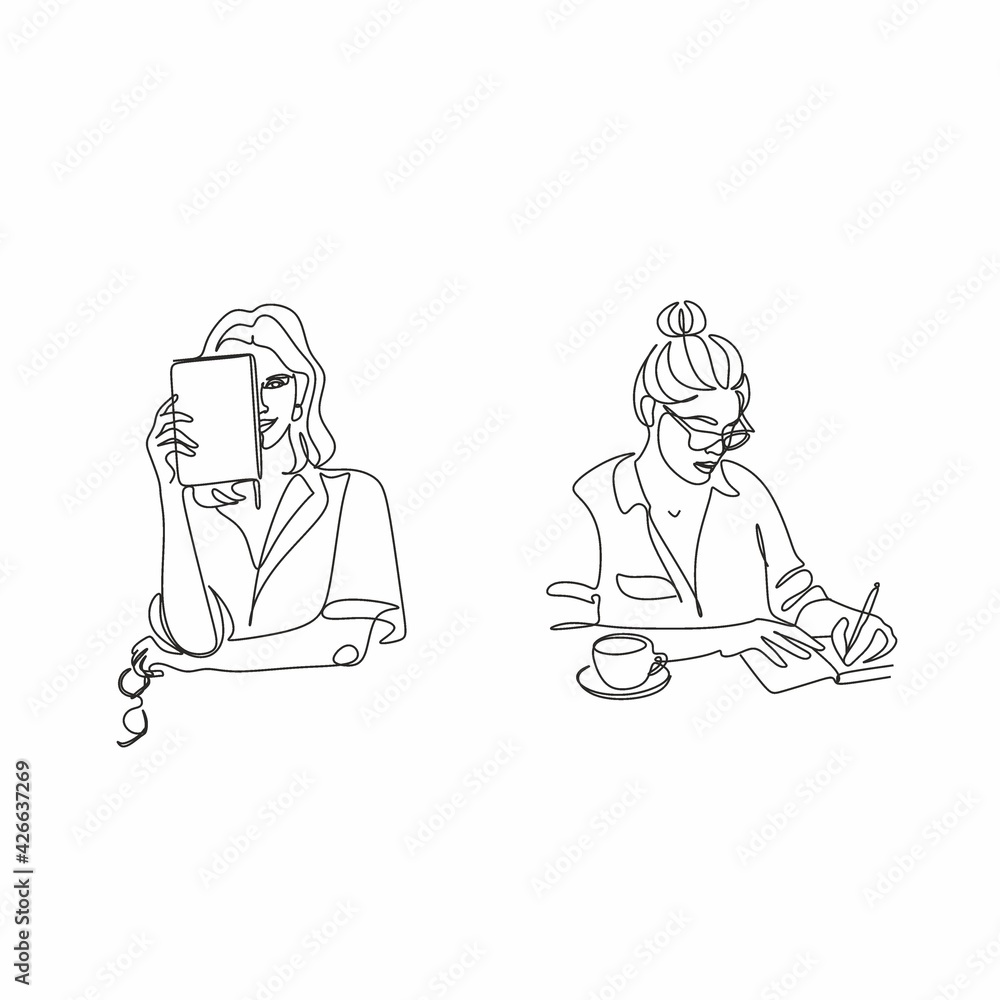 One continuous line drawing of young serious female worker sitting pensively while watching laptop screen at work desk. Business analyze concept. Single line draw graphic design vector illustration One continuous line drawing of young serious female worker sitting pensively while watching laptop screen at work desk. Business analyze concept. Single line draw graphic design vector illustration