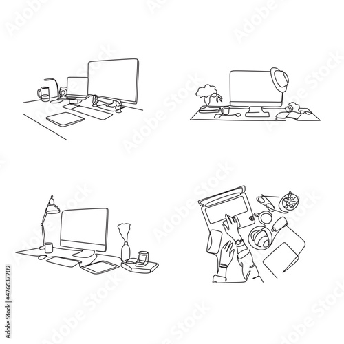 One continuous line drawing of young serious female worker sitting pensively while watching laptop screen at work desk. Business analyze concept. Single line draw graphic design vector illustration