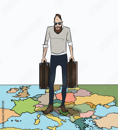 A young hipster in glasses and with suitcase diplomats in his hands walks along the map of Europe. The concept of migration, immigration to the European Union. Smuggler. Vector illustration, EPS 10.