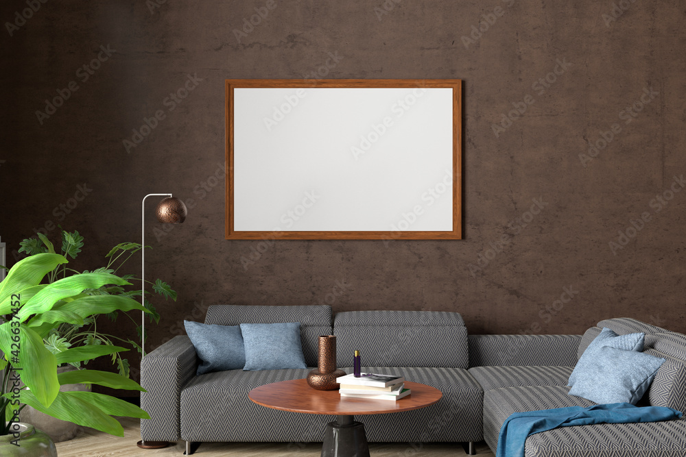 Horizontal blank poster mock up on brown wall in interior of contemporary living room. Horizontal blank poster mock up on brown wall in interior of contemporary living room.