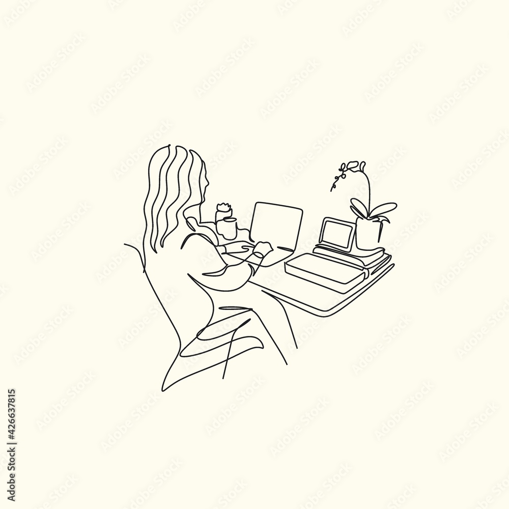 One continuous line drawing of young serious female worker sitting pensively while watching laptop screen at work desk. Business analyze concept. Single line draw graphic design vector illustration One continuous line drawing of young serious female worker sitting pensively while watching laptop screen at work desk. Business analyze concept. Single line draw graphic design vector illustration
