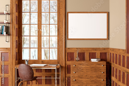 Horizontal blank poster mock up on beige wall in interior of traditional style living room.