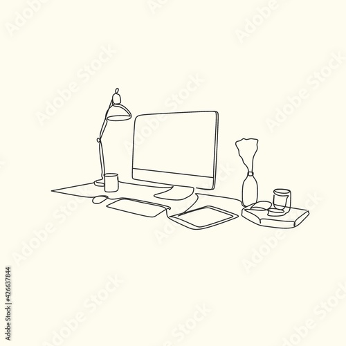 One continuous line drawing of young serious female worker sitting pensively while watching laptop screen at work desk. Business analyze concept. Single line draw graphic design vector illustration