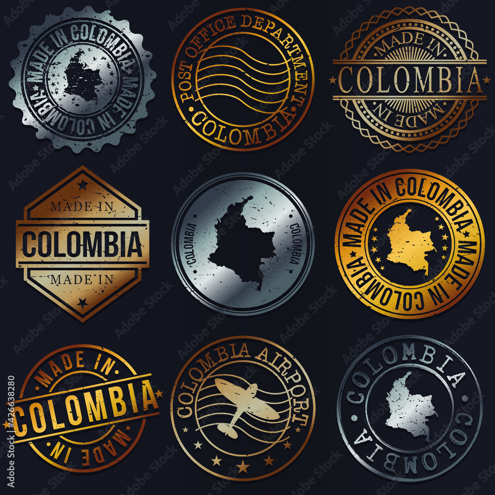 Naklejka premium Colombia Business Metal Stamps. Gold Made In Product Seal. National Logo Icon. Symbol Design Insignia Country.