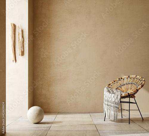 Contemporary nomadic home interior background in warm beige tones, 3d render