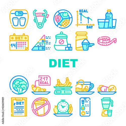 Diet Products And Tool Collection Icons Set Vector. Vegetarian Diet And Description, Fat Burning Tea And Smoothie Drink, Flexible Meter And Caliper Concept Linear Pictograms. Contour Illustrations