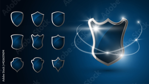 Set of realistic 3d shields. Chromed metal steel shield shines. Security emblem. Protection concept. Icon. Silver. Vector