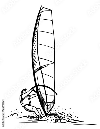 Windsurfing Sketch. Transparency Grid Background Design. Vector Illustration.