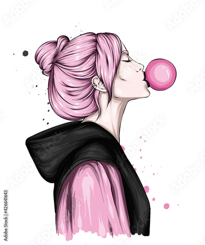 A beautiful girl in stylish clothes and with chewing gum. Fashion, style, clothing and accessories.