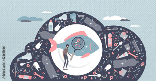 Microplastics water pollution with plastic fragments tiny person concept