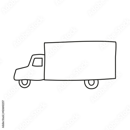 Hand drawn doodle car for coloring children book. Simple line, 2 - 4 age group. Big mashines, lorry, havy vehicle transport
