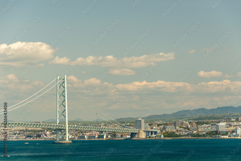 View of Akashi-Kaikyo Bridge from Awaji island in Japan.