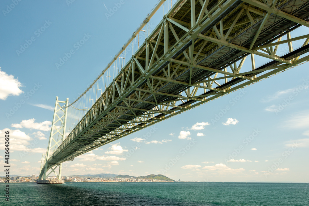 View of Akashi-Kaikyo Bridge from Awaji island in Japan. View of Akashi-Kaikyo Bridge from Awaji island in Japan.