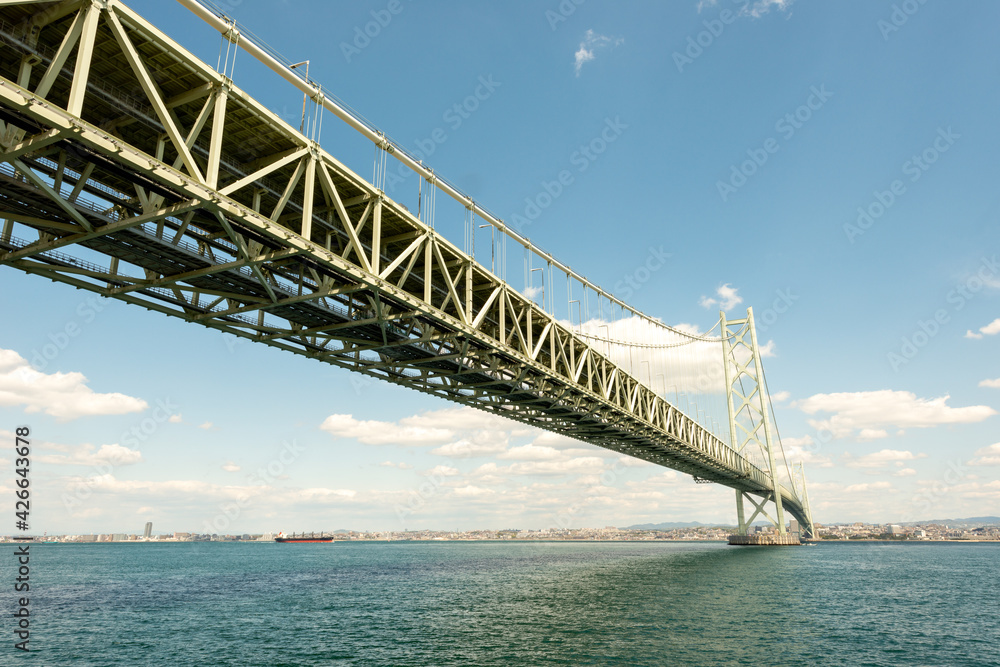 View of Akashi-Kaikyo Bridge from Awaji island in Japan. View of Akashi-Kaikyo Bridge from Awaji island in Japan.