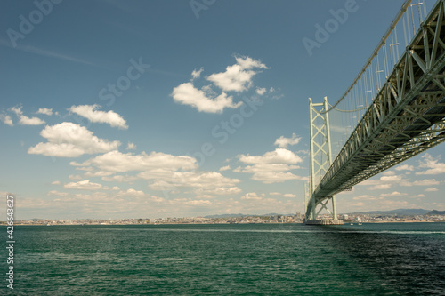 View of Akashi-Kaikyo Bridge from Awaji island in Japan.