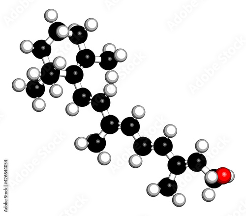 Retinyl palmitate vitamin supplement molecule. Ester of vitamin A (retinol) and palmitic acid. 3D rendering. Atoms are represented as spheres with conventional color coding