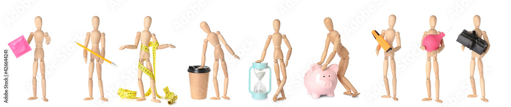 Collage of wooden mannequins with different items on white background Collage of wooden mannequins with different items on white background