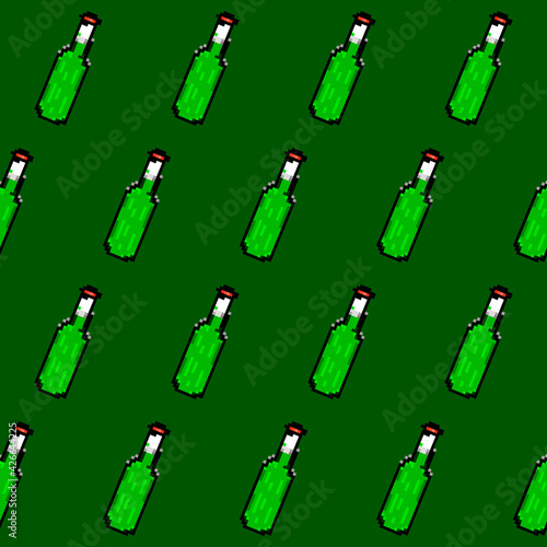 Green beer pixels bottle. Vector ornament.