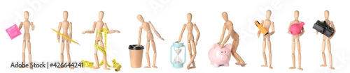 Collage of wooden mannequins with different items on white background
