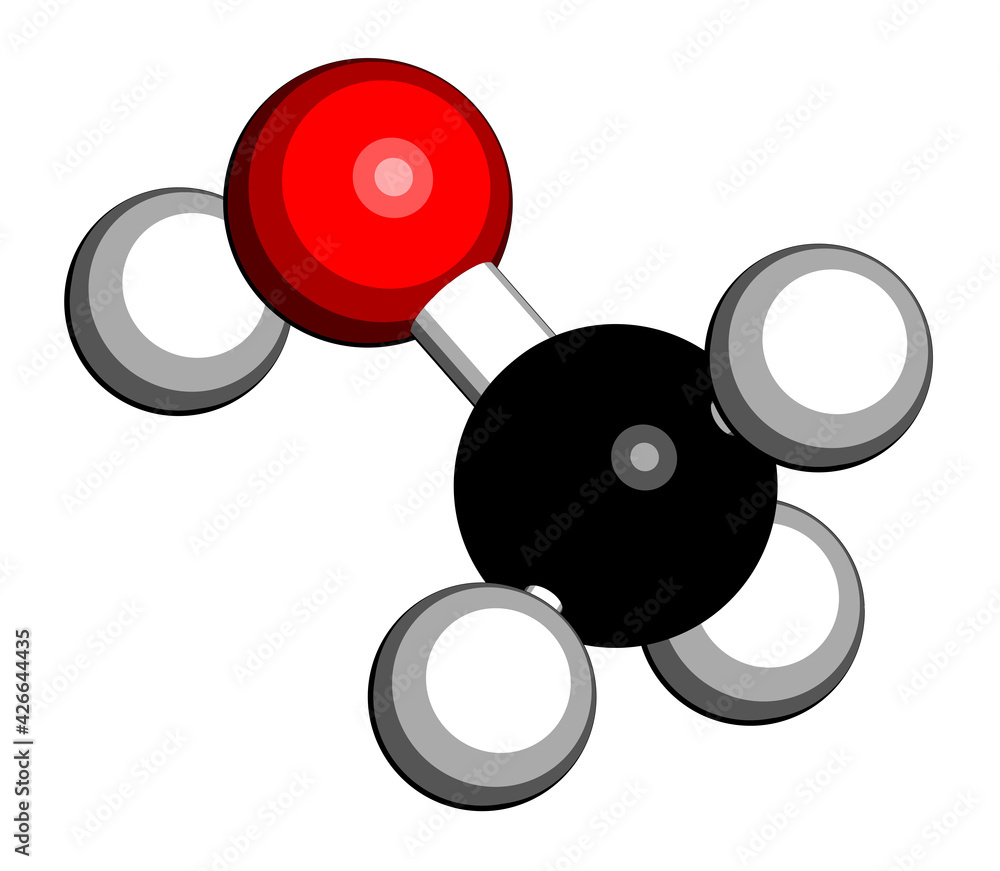 Methanol (methyl alcohol, MeOH) molecule. Highly toxic. 3D rendering