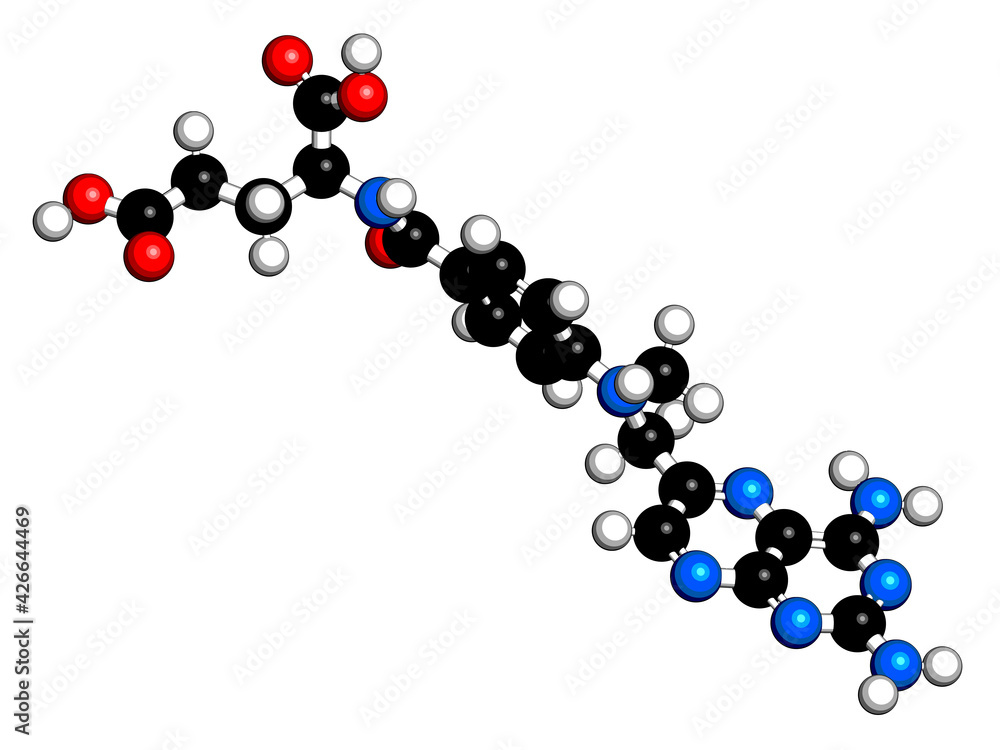 Methotrexate cancer chemotherapy and immunosuppressive drug molecule. 3D rendering. Atoms are represented as spheres with conventional color coding