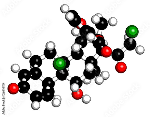 Mometasone furoate steroid drug molecule. Prodrug of mometasone. 3D rendering. Atoms are represented as spheres with conventional color coding