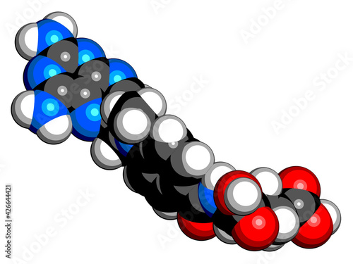 Methotrexate cancer chemotherapy and immunosuppressive drug molecule. 3D rendering. Atoms are represented as spheres with conventional color coding
