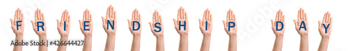 Many raised hands with text...