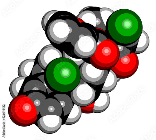 Mometasone furoate steroid drug molecule. Prodrug of mometasone. 3D rendering. Atoms are represented as spheres with conventional color coding