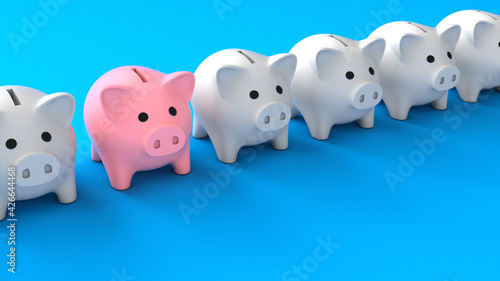 Piggy bank leader. White piggy banks and one pink piggy bank. Blue background. 3d render