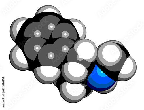 Methamphetamine (crystal meth, methamfetamine) stimulant drug molecule. 3D rendering. Atoms are represented as spheres with conventional color coding