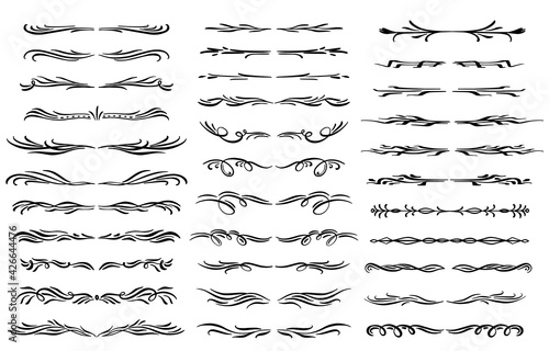 Floral and Calligraphic Ornament Elements. Hand drawn decoration, floral ornamental divider, arrows and sketch leaves ornaments. Doodle leaves and flourish divider set. Vector Illustration.