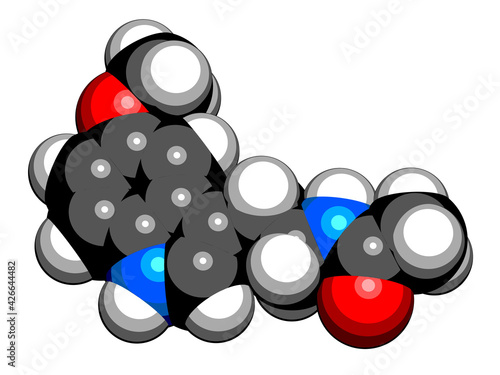 Melatonin hormone molecule. In humans, it plays a role in circadian rhythm synchronization. 3D rendering. Atoms are represented as spheres with conventional color coding