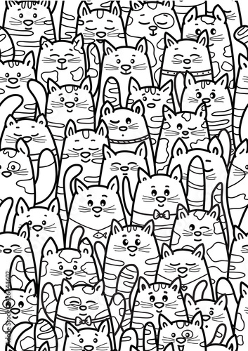 Vector cute cats cartoons  coloring page. Seamless pattern of cats cartoons.