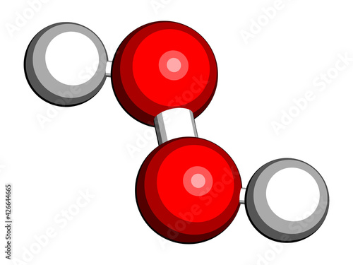 Hydrogen peroxide molecule. Reactive oxygen species (ROS). Used as bleaching agent, disinfectant, chemical reagent, etc. 3D rendering. Atoms are represented as spheres with conventional color coding.