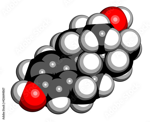 Estradiol (estrogen) female sex hormone molecule. 3D rendering. Atoms are represented as spheres with conventional color coding: hydrogen (white), carbon (black), oxygen (red).