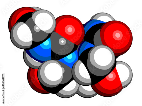 Diazolidinyl urea antimicrobial preservative molecule (formaldehyde releaser). 3D rendering. Atoms are represented as spheres with conventional color coding.