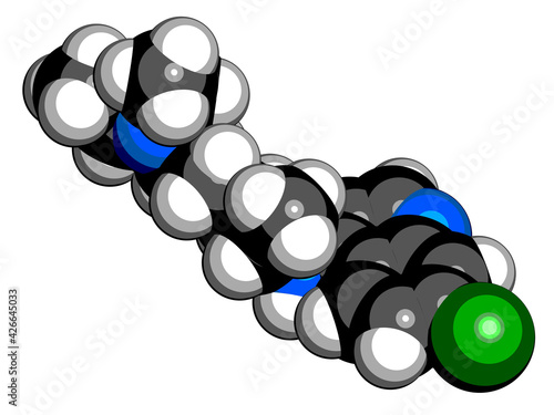 Chloroquine malaria drug molecule. Used to treat and prevent malaria. Also used for antiviral and immunosuppressant properties. 3D rendering. Atoms are represented as spheres