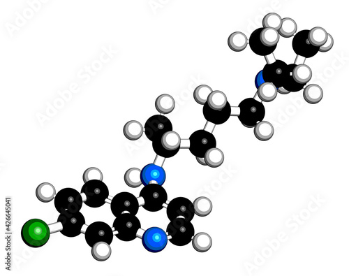 Chloroquine malaria drug molecule. Used to treat and prevent malaria. Also used for antiviral and immunosuppressant properties. 3D rendering. Atoms are represented as spheres photo