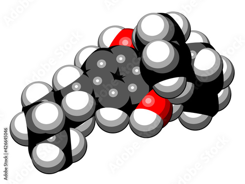 Cannabidiol (CBD) cannabis molecule. Has antipsychotic effects. 3D rendering. Atoms are represented as spheres with conventional color coding: hydrogen (white), carbon (black), oxygen (red).