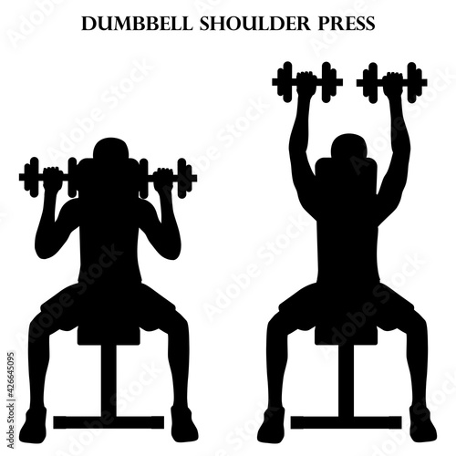 Dumbbell shoulder press exercise strength workout vector illustration silhouette