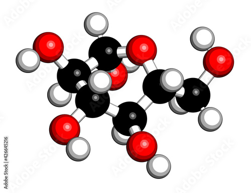 Glucose (dextrose, grape sugar) molecule (beta-D-glucopyranose form). 3D rendering. Atoms are represented as spheres with conventional color coding: hydrogen (white), carbon (black), oxygen (red).