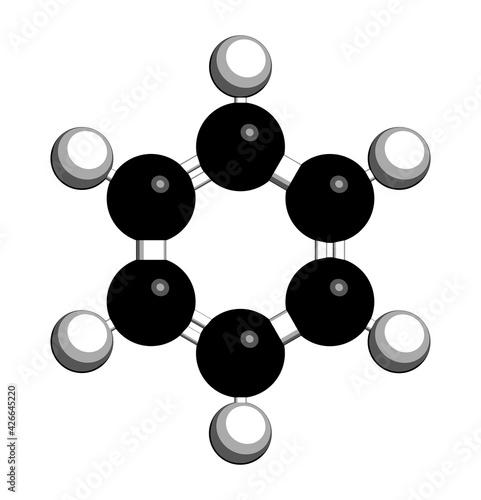 Benzene aromatic hydrocarbon molecule. Important in petrochemistry, component of gasoline. 3D rendering. Atoms are represented as spheres with conventional color coding