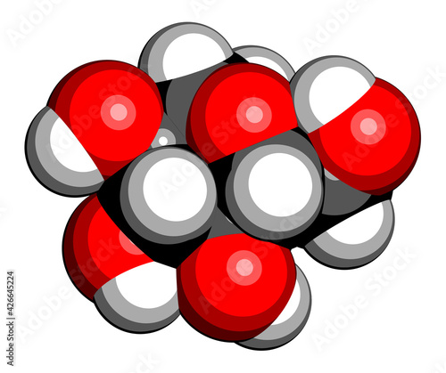 Glucose (dextrose, grape sugar) molecule (beta-D-glucopyranose form). 3D rendering. Atoms are represented as spheres with conventional color coding: hydrogen (white), carbon (black), oxygen (red).
